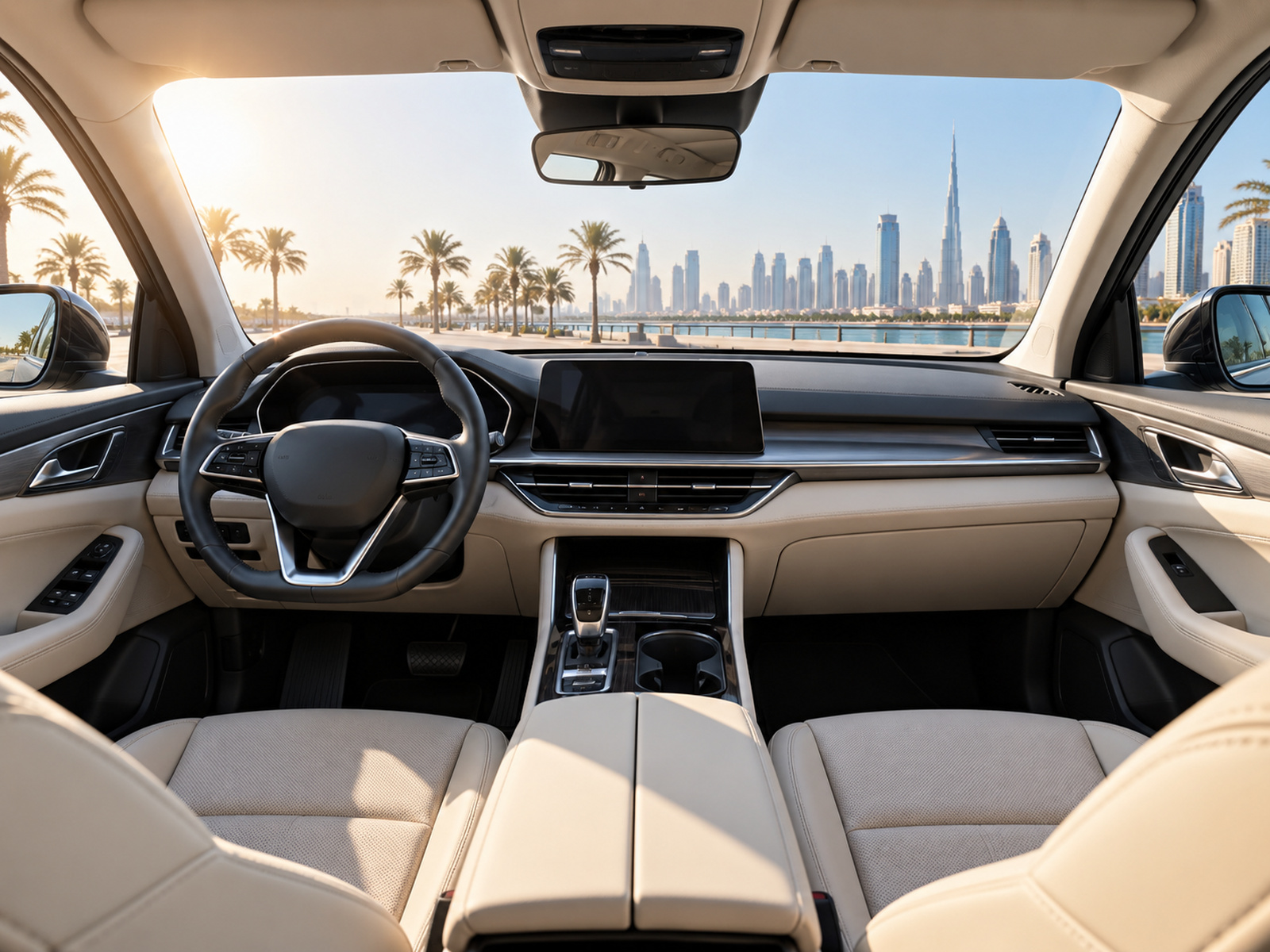 Clean bright car interior with light seats, sunshine through the windscreen