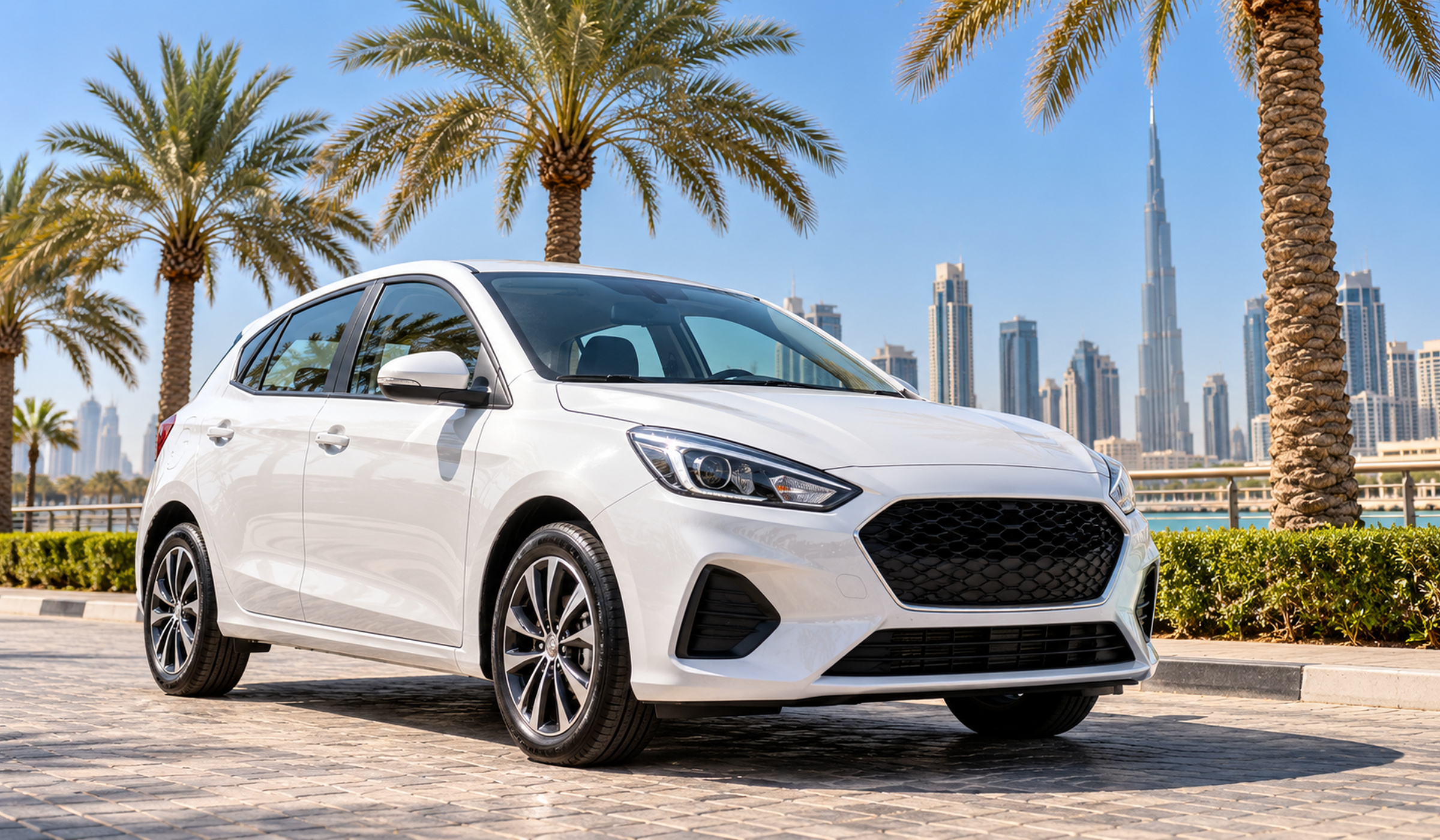 Bright white compact car under sunny Dubai sky with palm trees, cheerful, generic unbranded car, no logo, no plate