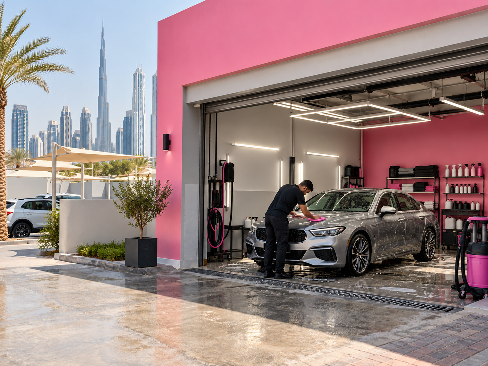 Small friendly car care shop front with a pink accent wall, no readable signs